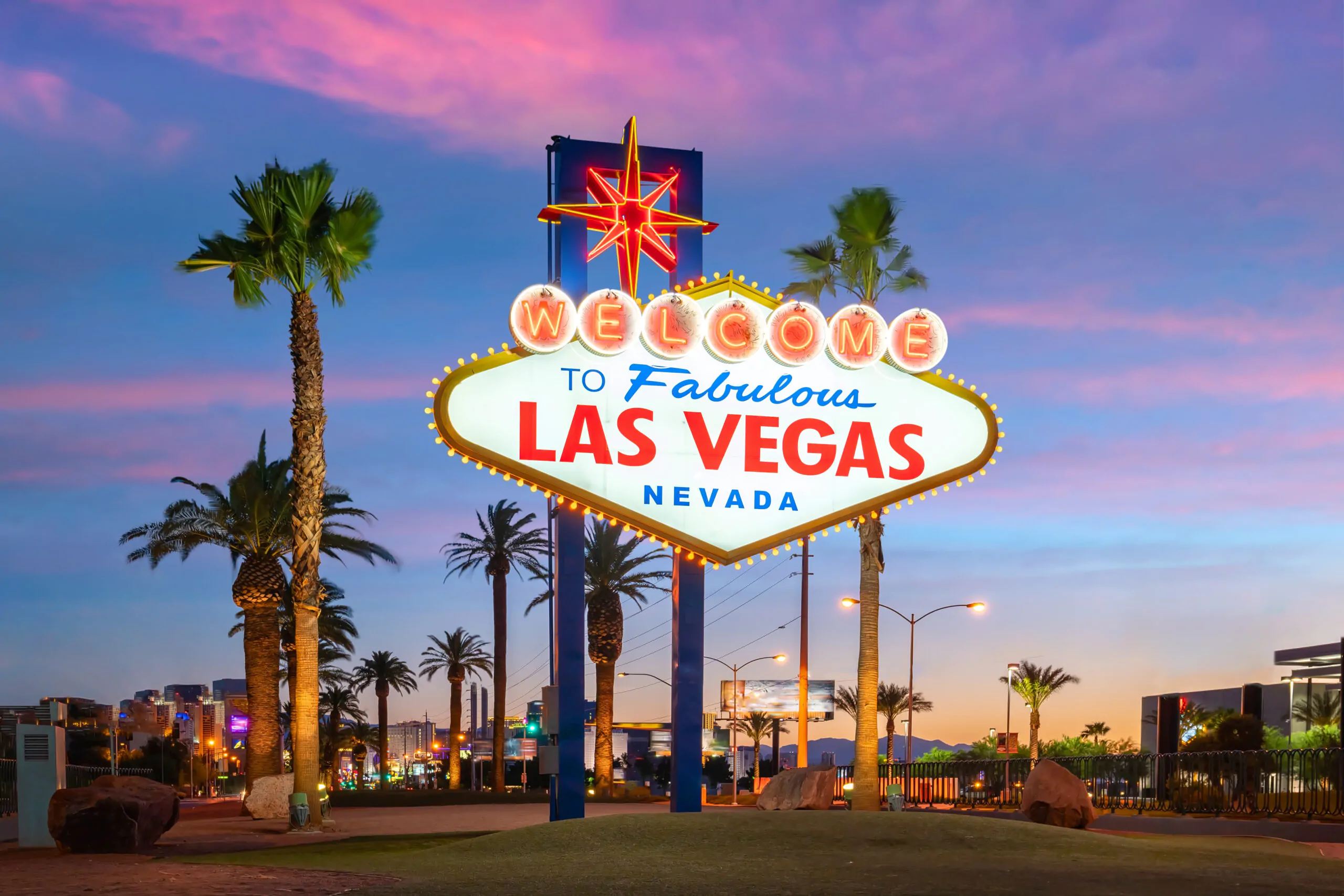 The Welcome to Fabulous Las Vegas sign in Las Vegas, Nevada USA at sunset