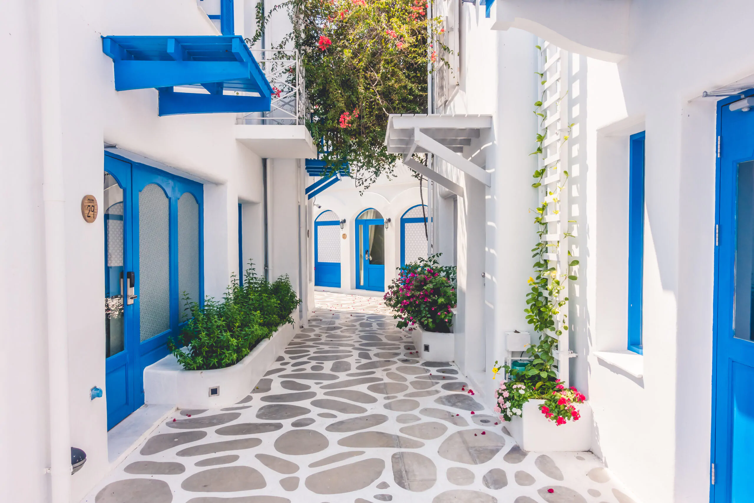 Beautiful Architecture building Exterior with santorini and greece style - Vintage light filter